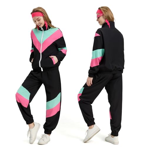 Women’s 80s Retro Tracksuit Set - Black Windbreaker & Sweatpants, Large