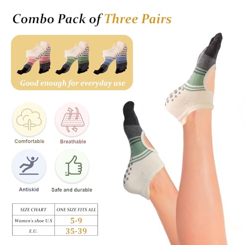 Non-Slip Pilates Socks with Toe Separators - 3pcs Pink Green Blue