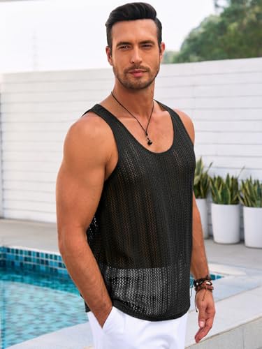 Mens Sleeveless Tank Top - Knitted Casual Hollow Out - Medium Black
