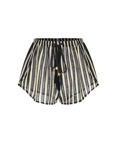 ZAFUL Womens Crochet Cover Up Shorts - High Waisted Beach Swim Bottom, Black Striped (Medium)