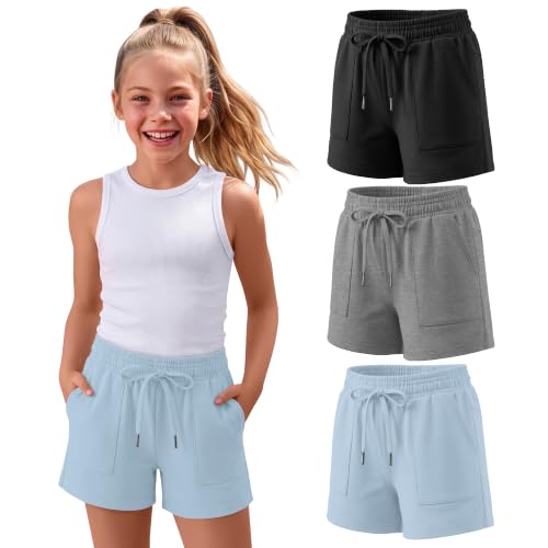 Girls Athletic Sweat Shorts - 3 Pack, Light Blue + Gray + Black, 13-14 Years