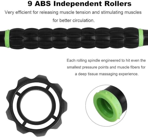 Deep Tissue Massage Stick - 9-Roller Muscle Recovery Tool - Black