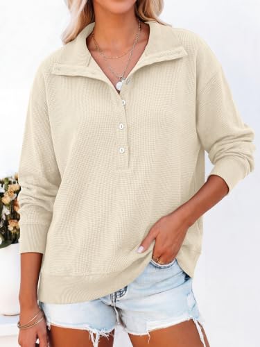 ANRABESS Women's Waffle Knit Henley Sweatshirt - Medium Beige