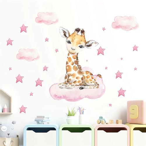 Cute Pink Baby Giraffe Wall Stickers, sacinora Moon and Stars DIY Art Wall Decals Removable Vinyl Peel and Stick for Kids Baby Girls Nursery Bedroom Toddler Room Decorations