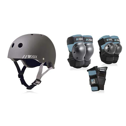 80Six Dual Certified Kids’ Helmet with Knee Pads, Elbow Pads, and Wristguards, Grey and Blue, Junior - Ages 5+