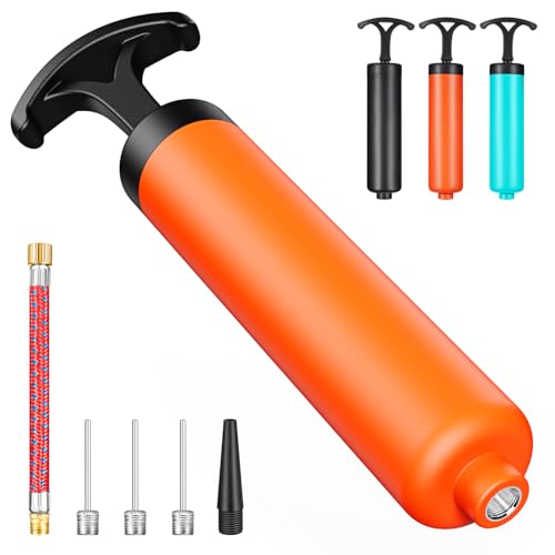 Portable Hand Ball Pump with 3 Needles, Extension Hose & Nozzle - Orange