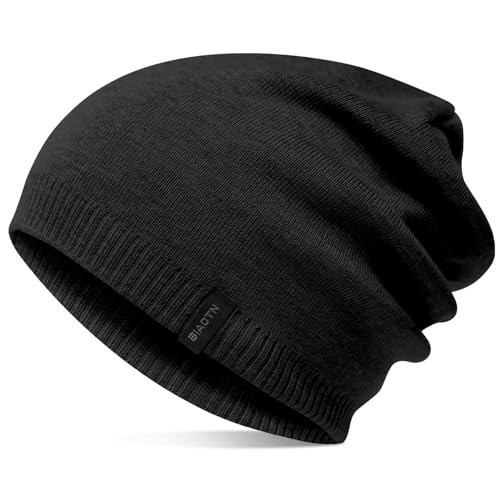 Wool Blend Ribbed Knit Beanie - Double Layer Warm Hat - Black