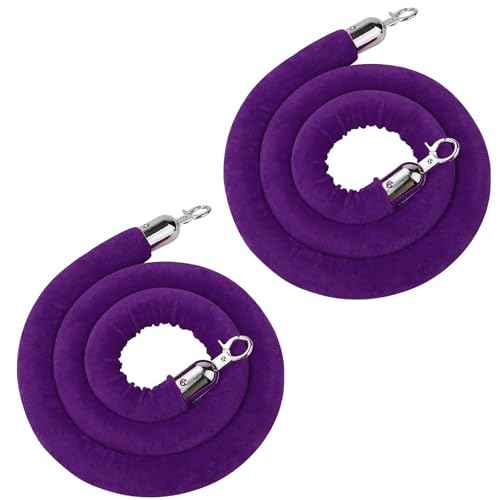 6.5 Feet Purple Velvet Hanging Ropes with Silver Polished Hooks Crowd Control Stanchion Ropes fit for Movie Theaters,Church,Restaurants,Hotels,Grand Openings, Concert venues, Trade Shows (2PCS)