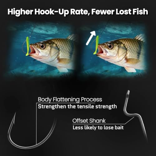 EWG Hooks for Bass Fishing - 50pcs Black Worm Hooks