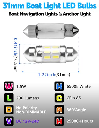 31mm Marine Led Festoon Bulb White, Boat Navigation Light DC12-24V