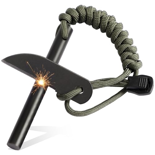 Ferro Rod Fire Starter 4 Inch Survival Tool with Paracord Handle - Green
