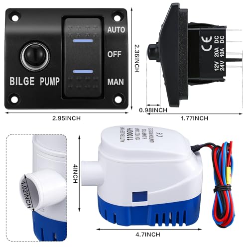 Saysurey 1100GPH Automatic Boat Bilge Pump 12V/24V with 3-Way Switch & Installation Kit