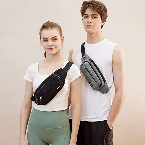 SINNO Large Crossbody Fanny Pack for Women Men - Gray Belt Bag with 4 Zipper Pockets for Travel Running Hiking Outdoors