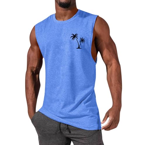 ONLYSTORY Men's Sleeveless Tank Top Casual Summer Muscle Gym T-Shirt - Blue Black Palm, X-Large