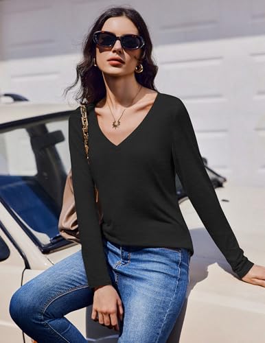 Long Sleeve V-Neck T-Shirts for Women - Casual Fall Tops, Basic Base Layer, 3 Pack