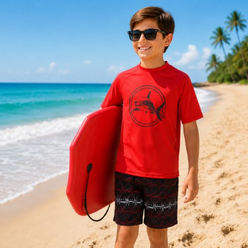 Boys 2-Piece Rash Guard Swim Set - Short Sleeve & Trunks - Red/Black Shark