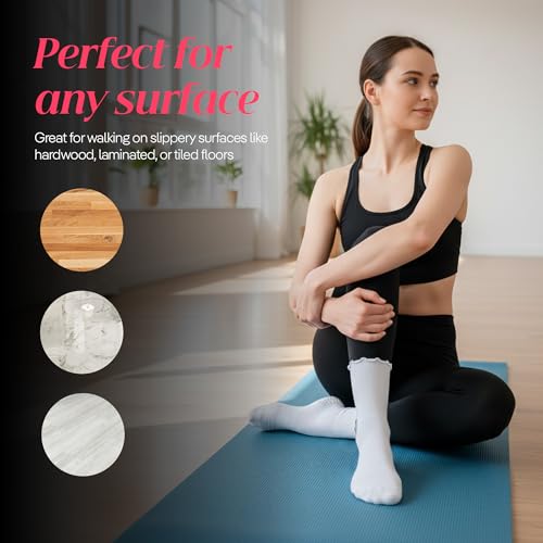 Pilates Socks for Women - Non-Slip Grip Ruffle Crew - 2 Pairs White
