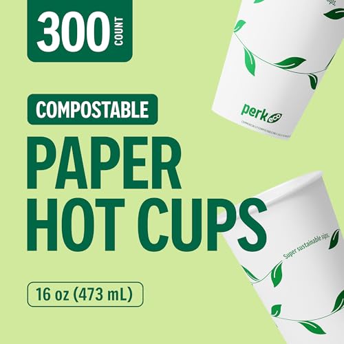 Perk 16oz Compostable Paper Hot Cups - 300 Pack, White/Green Disposable Coffee Cups