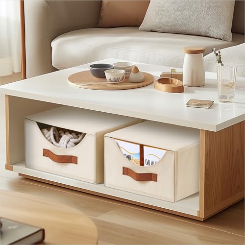 Stackable Storage Drawers - Collapsible Storage Bins with Drawers, 4 Pack Closet Shelf Organizer Basket, Fabric Pull Out Organizer for Bedroom, Living Room, Dorm, Beige