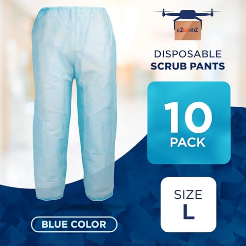 EZGOODZ Blue Disposable Scrub Pants, Large Size. Pack of 10 SMS Disposable Pants Medical with Waist Ties. Breathable Scrubs for Women and Men
