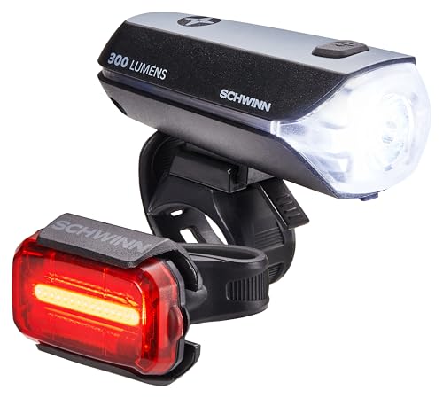 Schwinn 400 Lumen USB Headlight + Taillight 3 Modes, Side-Lens Beam – Black/Grey