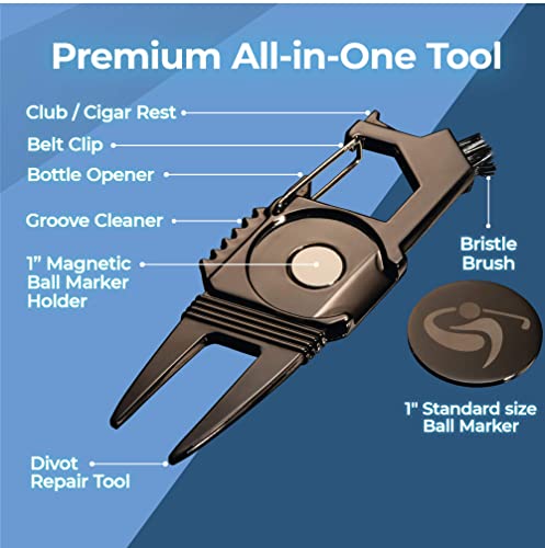7-in-1 Golf Divot Repair Tool with Magnetic Ball Marker and Tees - Black