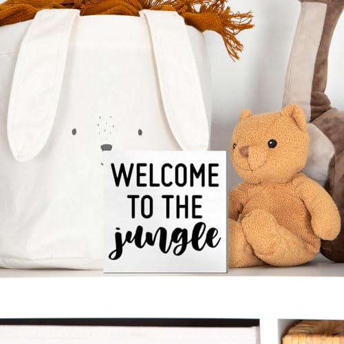 Nursery Table Decor, Baby Children's Kids Bedroom Desk Decoration for Playroom, Welcome to The Jungle Wooden Box Sign, White