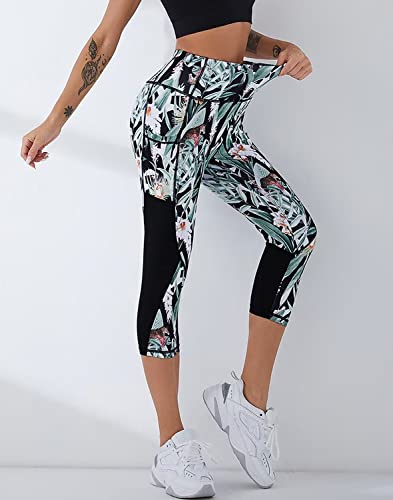 AGSWQ Women's High Waist Capri Leggings with Pockets - Floral & Black, Medium