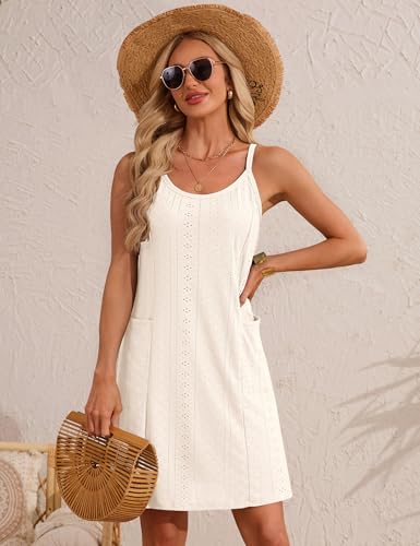 Eyelet Mini Swimsuit Cover-Up - Loose Beach Dress with Pockets, Large Cream White