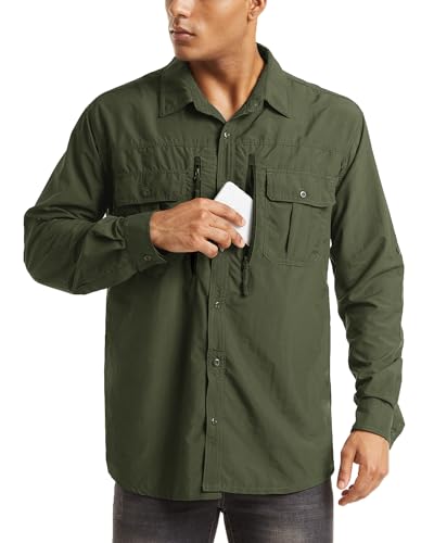 MAGCOMSEN Men's Long Sleeve Fishing Shirt XL Army Green - Hiking & Safari Wear