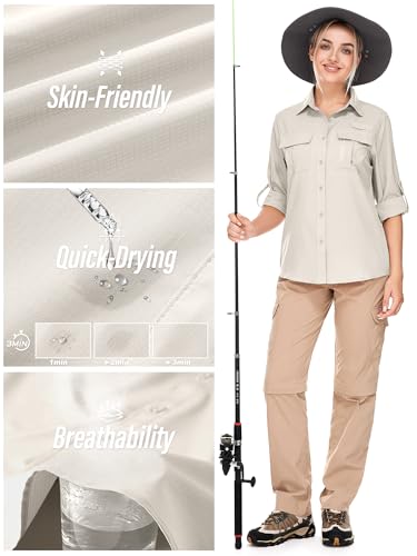 Toumett Women's UPF 50 Sun Protection Long Sleeve Hiking & Fishing Shirt - Light Khaki, Medium