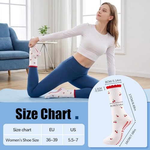 6 Pairs Cute Non-Slip Pilates Socks for Women - Red, Brown, Yellow, Pink, Blue, Purple