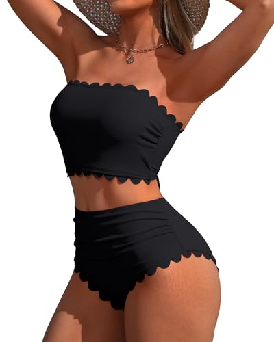Charmo Women's Strapless High-Waisted Bikini Set with Tummy Control, Black, Large