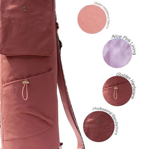 Yoga Mat Bag - Multi Pocket Drawstring Carrier - Nylon Pink