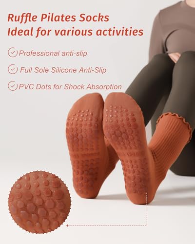 Non-Slip Pilates Socks for Women - 4 Pack with Ruffle Detail - Black