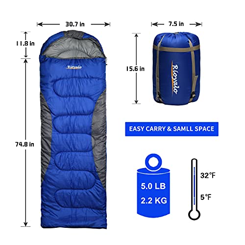 Royal Blue 0 Degree Winter Sleeping Bag for Adults – 74.8in x 30.7in, 5F-32F, Big & Tall