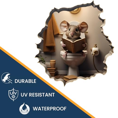 3D Mouse on Toilet Reading Book Wall Decal Sticker, Size 5 inches