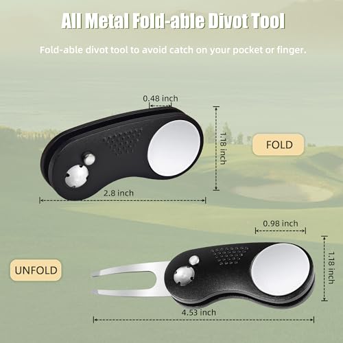 Golf Divot Repair Tool - Metal Foldable with Magnetic Ball Marker - Black Curve