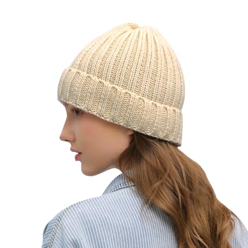Warm Beige Cable Knit Beanie for Women - Thick Soft Winter Hat