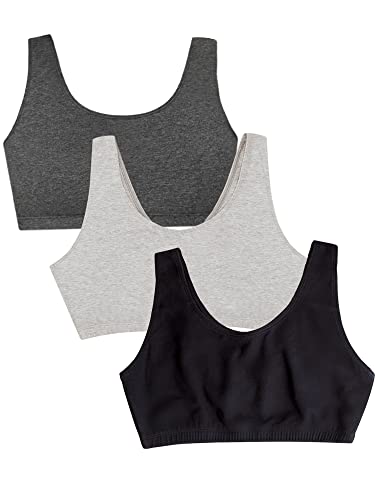 Fruit of the Loom Women's Wireless Cotton Sports Bras 3-Pack - Black/Heather Grey/Charcoal, Size 38