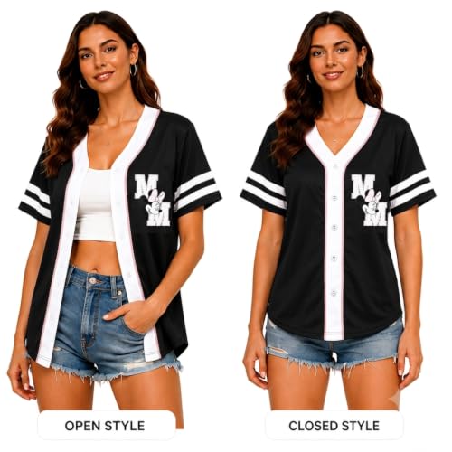 Women's Black Large Minnie Baseball Jersey - Short Sleeve Button Down Graphic Tee