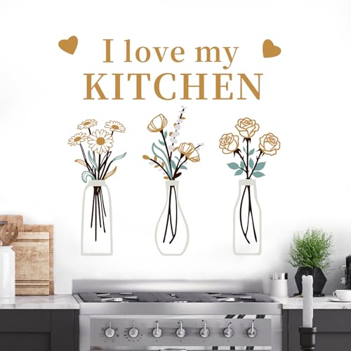 Kitchen Wall Stickers Decals Decor I Love My Kitchen Wall Decor Quotes Sign Daisy Rose Flower Vase Art Decorations for Home Dining Room Coffee Shop
