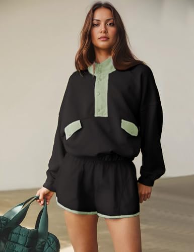 Women's Black Medium Two Piece Summer Lounge Set with Pockets