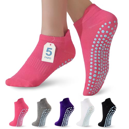 Non-Slip Pilates Socks with Grips for Women - 5 Pairs, Black, White, Gray, Pink, Purple