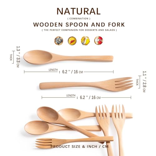 6.3-Inch Wooden Spoon and Fork Set - Sustainable Schima Wood Utensils - 1