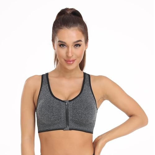 Zip Front Sports Bra for Women - Wireless Mastectomy Bra - Large Black+Grey 2 Pack