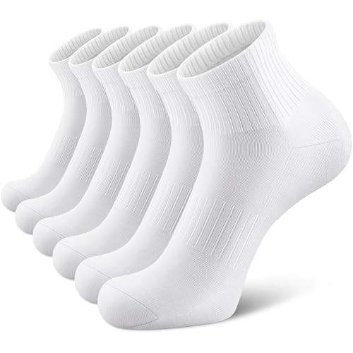Airacker Unisex Athletic Quarter Socks 6 Pairs - White, Cushion, Breathable, Size 9-12