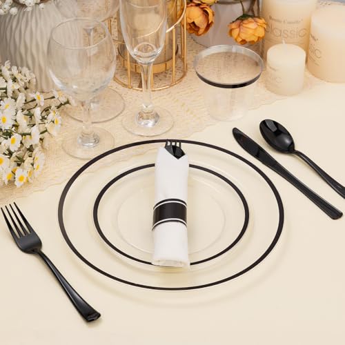 Black Disposable Plastic Plate Set for 50 Guests - 350 Pieces