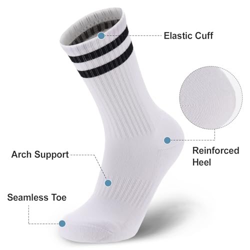 Ultrafun X-Large White Striped Crew Socks - Cotton Cushioned Athletic Sports Socks for Men Women Teens