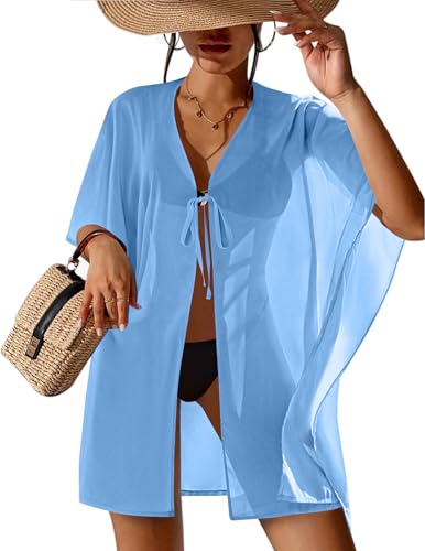 Chiffon Beach Cover Up for Women - Sheer Kimono Cardigan - Large Sky Blue